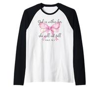 God is Within Her She Will Not Fall Girl Pink Bow Psalm 46:5 Raglan Baseball Tee