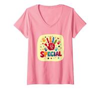 God Made Me Special Christians for Kids Colorful Handprint V-Neck T-Shirt, Women, Pink, M