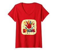 God Made Me Special Christians for Kids Colorful Handprint V-Neck T-Shirt, Women, Red, S