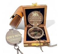 God’s Path Compass - Psalm 32:8 Engraved Brass/Bronze Compass with Wooden Box & Leather Case - Christian Gift for Men, Boys | Baptism, Confirmation, Graduation Present (BRONZE)