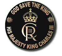 GOD SAVE THE KING - HIS MAJESTY KING CHARLES III - NEW KING CYPHER - CIIIR- COMMEMORATIVE BADGE d 55 MM/2.2''DIA, Multicoloured