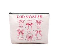 God Says I Am Cosmetic Bag, Coquette Pink Bow Bible Makeup Bag, Christain Bible Pouch Purse Bag Gifts for Religious Women, Friends