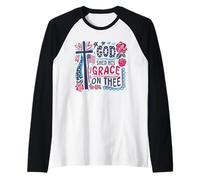 God Shed His Grace on Thee Cross Flag Roses Christian Faith Raglan Baseball Tee