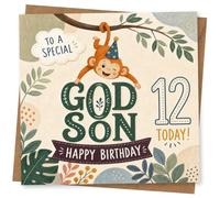 God Son 12th Birthday Card, Godson 12th Birthday Card for Special Godson, Cute Monkey Design with 'To A Special 12 Today' Message