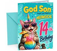 God Son 14th Birthday Card Meowgical Unicorn Cat Cocktail | Large A5 Card with Printed Inside Message; Teal confetti with a heart-sunglasses unicorn cat for God Son 14th Birthday