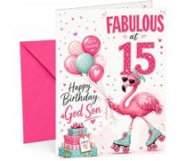 God Son 15th Birthday Card Flamingo on Roller Skates | Large A5 Card with Printed Inside Message; Cheerful flamingo-on-roller-skates with balloons for God Son 15th Birthday