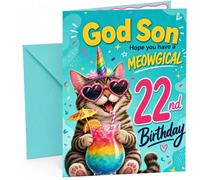 God Son 22nd Birthday Card Meowgical Unicorn Cat Cocktail | Large A5 Card with Printed Inside Message; Bright teal tabby cat in heart sunglasses for God Son 22nd Birthday