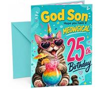 God Son 25th Birthday Card Meowgical Unicorn Cat Cocktail | Large A5 Card with Printed Inside Message; Bright teal tabby cat in heart sunglasses for God Son 25th Birthday
