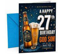 God Son 27th Birthday Card Beer Bottle and Pint Confetti | Large A5 Card with Printed Inside Message; Dark blue confetti-and-stars with a bold “27th” for God Son 27th Birthday