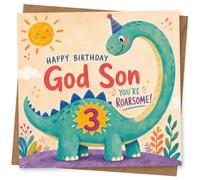 God Son 3rd Birthday Card, Birthday Card for Godson, Cute Dinosaur Design, 'You're Roarsome!' Message, Age 3