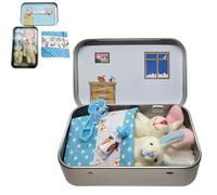 GodbTG Handmade Easter Bunny Plush Mummy and Baby Bunnies in Tin Box - Mini Bunny Hug Gift for Kids, Cute Easter Basket Stuffer, Role Play Sibling Bunny Set, Easter Plush Toy for Girls (Blue)