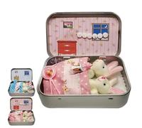 GodbTG Handmade Easter Bunny Plush Mummy and Baby Bunnies in Tin Box - Mini Bunny Hug Gift for Kids, Cute Easter Basket Stuffer, Role Play Sibling Bunny Set, Easter Plush Toy for Girls (Pink)