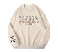 Godchoices Personalised Mama Sweatshirt with Kid Names on Sleeve, Mama Est Sweatshirt,Custom Birth Month Flower Sweatshirt for Mom Apricot