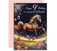 Goddaughter 9th Birthday Card - Magical Horse Design - A5 Size with Pink Envelope. Designed and Printed in the UK