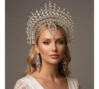 Goddess Halo Crown Headpiece with Long Crystal Tassels for Wedding Masquerade Ball - Vintage Rhinestone Headband for Women Bride Photo Shoot(Silver)