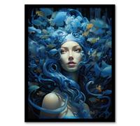Goddess Of The Sea Mermaid Lore Concept Striking Artwork In Blue Art Print Framed Poster Wall Decor Artery8 Black A4