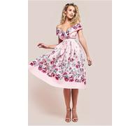 Goddiva Bardot Floral Print A-Line Scuba Foam Midi Dress - Blush by Goddiva - Blush - 16