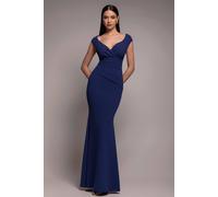 Goddiva Bardot Pleated Maxi Dress - Navy Blue by Goddiva - Navy Blue - 10