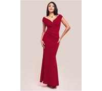 Goddiva Bardot Pleated Maxi Dress - Wine by Goddiva - Wine - 16