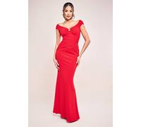 Goddiva Bardot Pleated Maxi With Metal Trim Maxi Dress In Red Red 18