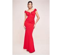 Goddiva Bardot Pleated Maxi With Metal Trim Maxi Dress - Red by Goddiva - Red - 18