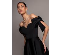 Goddiva Bardot Plunge Neck Bow Sleeve A Line Midi Dress - Black by Goddiva - Black - 16