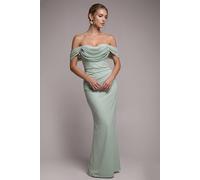 Goddiva Bardot Scuba & Chiffon Cowl Maxi Dress In Light Green Light Green