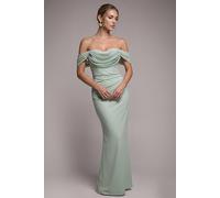 Goddiva Bardot Scuba & Chiffon Cowl Maxi Dress - Sage Green by Goddiva - Sage Green - 12