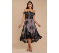 Goddiva Bardot Sequin & Lace High Low Midi - Black by Goddiva - Black - 14