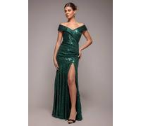 Goddiva Bardot Sequin Pleated Maxi Dress In Emerald Emerald 8