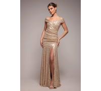 Goddiva Bardot Sequin Pleated Maxi Dress In Gold Gold 8