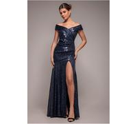 Goddiva Bardot Sequin Pleated Maxi Dress - Navy by Goddiva - Navy - 12