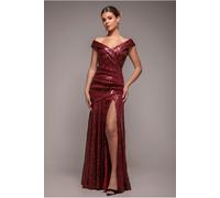 Goddiva Bardot Sequin Pleated Maxi Dress - Wine by Goddiva - Wine - 10