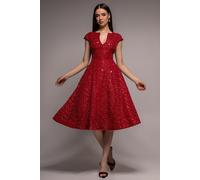 Goddiva Bead Embellished Jacquard A Line Midi Dress - Red by Goddiva - Red - 6
