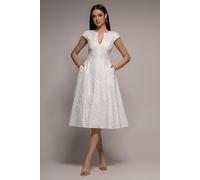 Goddiva Bead Embellished Jacquard A Line Midi Dress - White by Goddiva - White - 10