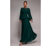 Goddiva Bishop Sleeve Peplum Top Scuba Crepe And Chiffon Maxi Dress In Emerald Emerald
