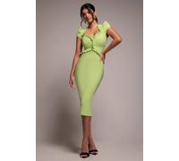 Goddiva Cap Sleeve Frill Edge Midi Dress In Lime Lime 12