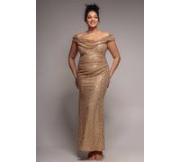 Goddiva Cap Sleeve Iridescent Sequin Cowl Maxi Dress In Gold Gold