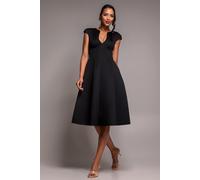 Goddiva Cap Sleeve Plunging V-Neckline A-line Midi Dress - Black by Goddiva - Black - 16