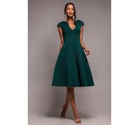 Goddiva Cap Sleeve Plunging V Neckline A Line Midi Dress - Emerald Green by Goddiva - Emerald Green - 10