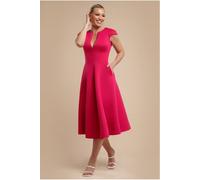Goddiva Cap Sleeve Plunging V-Neckline A-line Midi Dress - Magenta by Goddiva - Magenta - 18