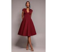 Goddiva Cap Sleeve Plunging V-Neckline A-line Midi Dress - Wine by Goddiva - Wine - 12