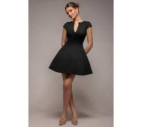 Goddiva Cap Sleeve Plunging V Neckline Skater Mini Dress In Black Black 8