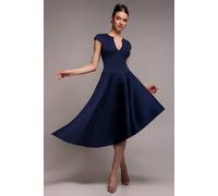 Goddiva Cap Sleeve Skater High Low Midi Dress - Navy Blue by Goddiva - Navy - 14