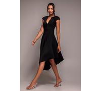 Goddiva Cap Sleeve Textured Skater Asymmetric Midi Dress - Black by Goddiva - Black - 16