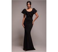Goddiva Cape Sleeve Detail Front Tie Maxi Dress - Black by Goddiva - Black - 14