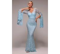 Goddiva Cape Sleeve Lace Mermaid Hem Maxi Dress In Light Blue Light Blue 12