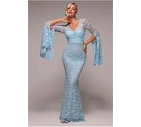 Goddiva Cape Sleeve Lace Mermaid Hem Maxi Dress - Sky Blue by Goddiva - Sky Blue - 10