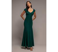 Goddiva Capped Sleeve V Neck Pleated Fit & Flare Maxi Dress In Emerald Emerald