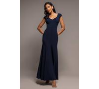 Goddiva Capped Sleeve V Neck Pleated Fit & Flare Maxi Dress In Navy Navy